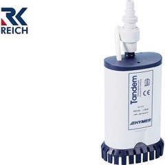 Cylindrisk REICH vattenpump i vit och blå, 12V, 19 l/min flöde, 1.4 bar tryck.